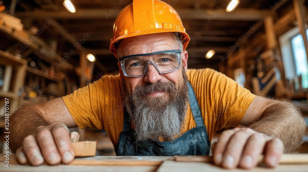 Carpenter smiling in workshop, wood crafting Carpenter smiling in workshop, wood crafting