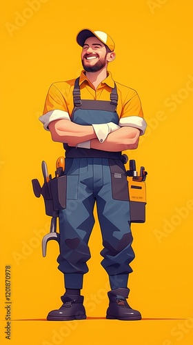 Happy handyman with tools, arms crossed, smiling.