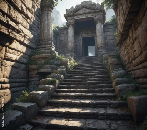 An ancient stone staircase leading to a mysterious temple entrance, mystical energy, natural monument