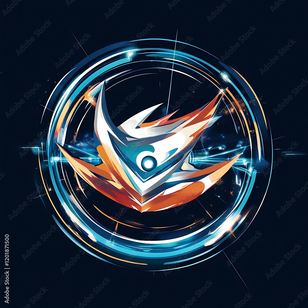Abstract Circular Emblem With Bold Geometry Lines And Vibrant Blue Orange And White Colors