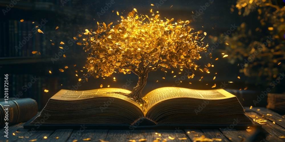 Obraz premium A vibrant tree emerging from a book, symbolizing the growth of knowledge and the power of education. Perfect for academic and inspirational content.