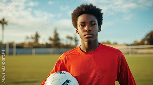 The red soccer player kicked the ball back on the field in the stadium, energizing their team. soccer, player, red, ball, stadium, team, back, field, cup, coach, game, club, match, training