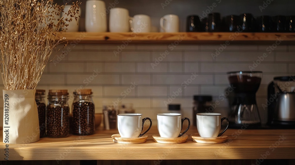 A clean coffee brewing station with mugs and coffee beans arranged A clean coffee brewing station with mugs and coffee beans arranged