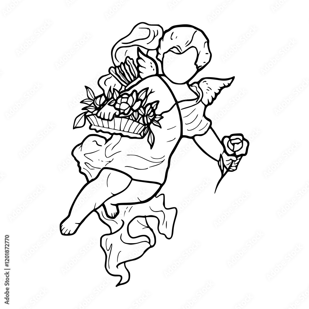 Fototapeta premium hand drawn vector illustration of a cartoon angel holding flowers