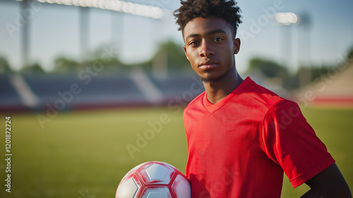 The red soccer player kicked the ball back on the field in the stadium, energizing their team. soccer, player, red, ball, stadium, team, back, field, cup, coach, game, club, match, training