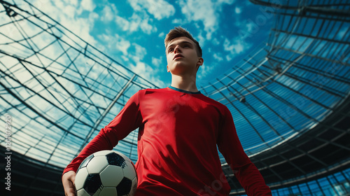 The red soccer player kicked the ball back on the field in the stadium, energizing their team. soccer, player, red, ball, stadium, team, back, field, cup, coach, game, club, match, training