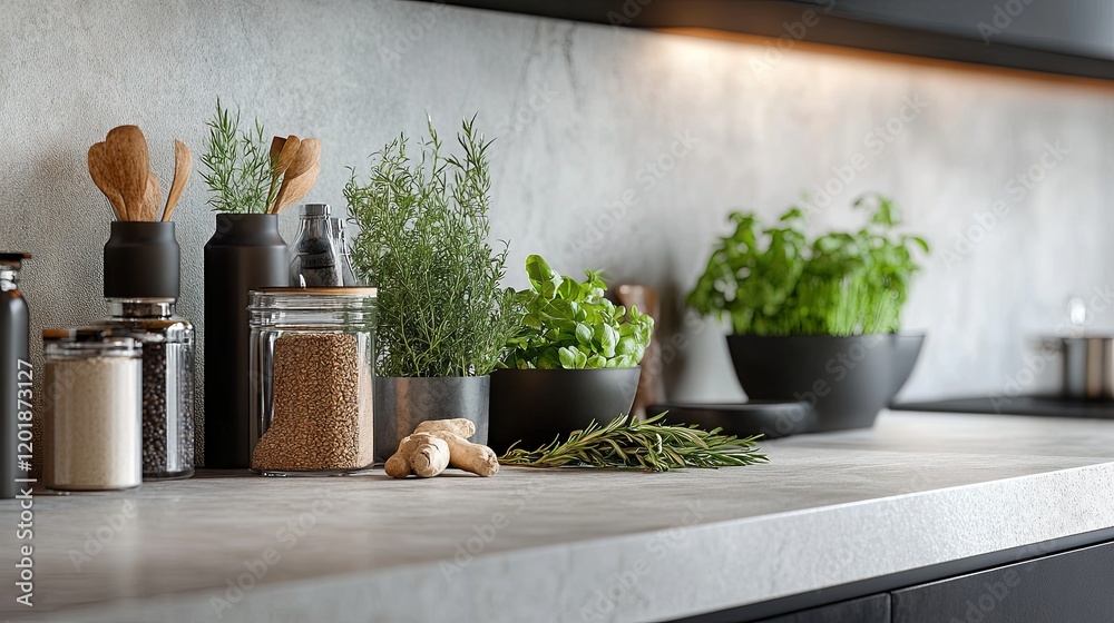 A clean countertop with a selection of fresh herbs and spices