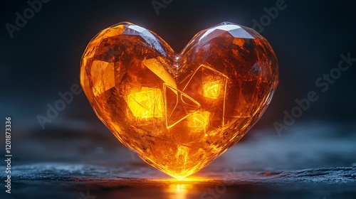 A shiny metallic heart with glowing geometric patterns etched into it