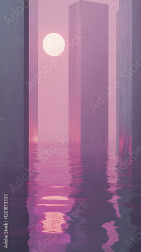 serene landscape featuring tall structures reflecting in calm water under pink moon