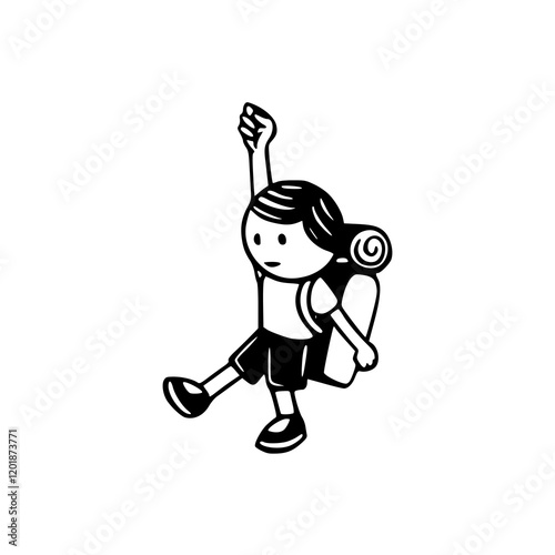 cartoon character of boy with a backpack and hand up
