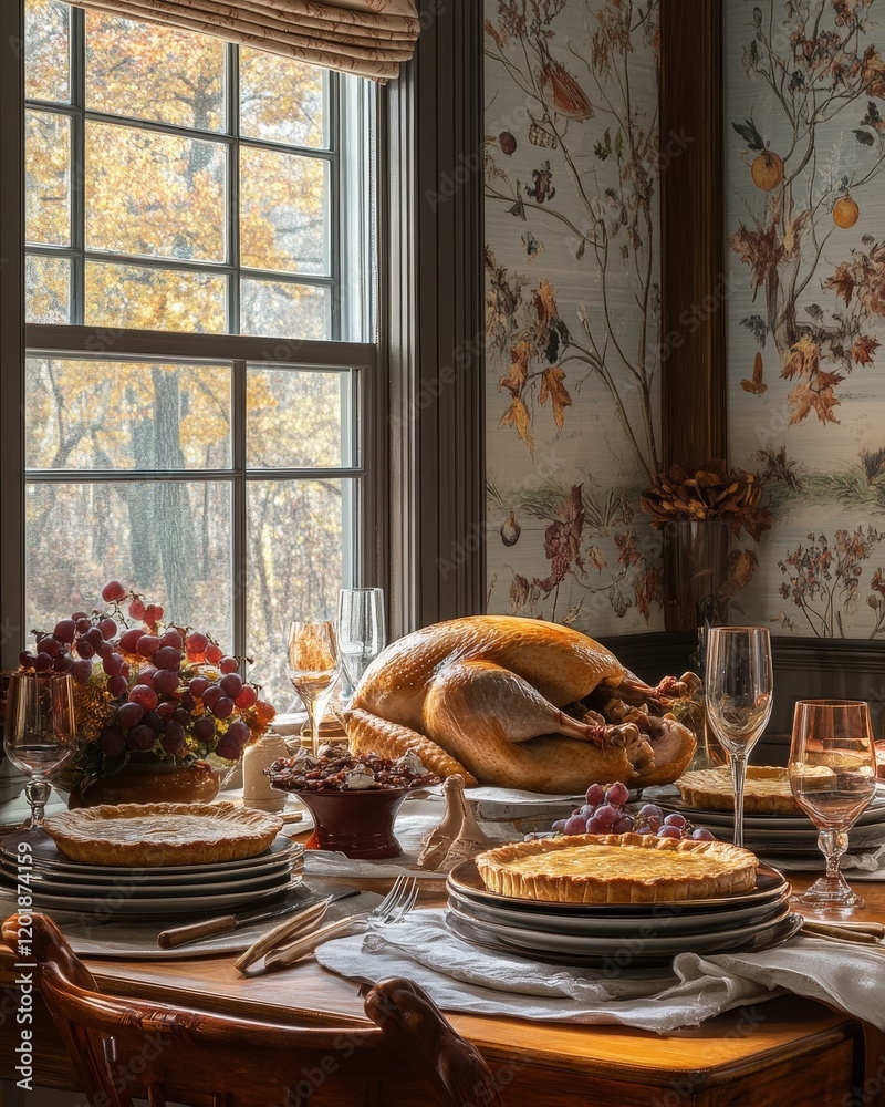A serene image of a Thanksgiving dinner table set with roasted turkey, pies, and autumn decor A serene image of a Thanksgiving dinner table set with roasted turkey, pies, and autumn decor