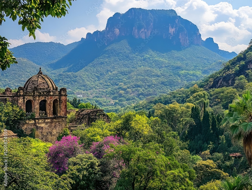Naklejka premium Ancient stone structure nestled within vibrant green forest under towering mountain landscape