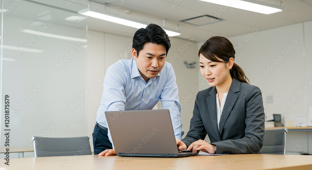 Japanese business colleagues collaborating on project using laptop in bright office environment Japanese business colleagues collaborating on project using laptop in bright office environment