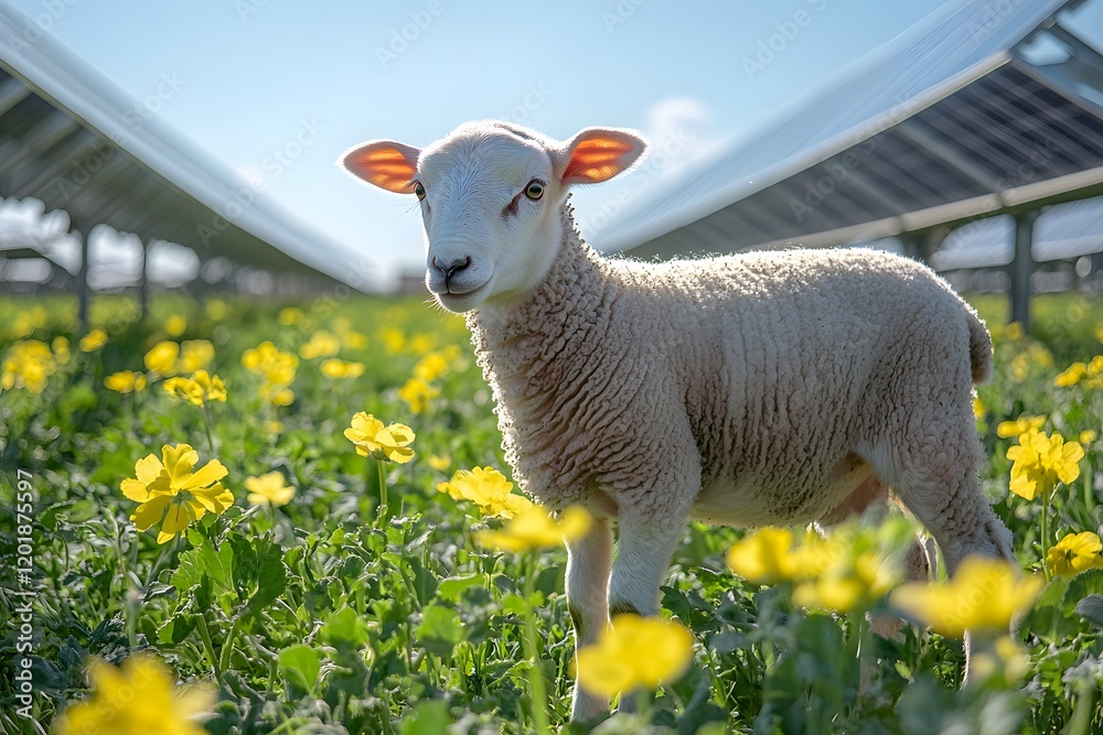 Fototapeta premium Sustainable Agriculture: Sheep Grazing in Solar Farm with Flowers