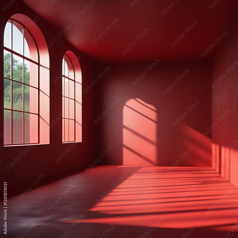 Minimalist red interior with tall windows, natural light, deep color, and dramatic shadows representing simplicity, texture, space, and design. Minimalist red interior with tall windows, natural light, deep color, and dramatic shadows representing simplicity, texture, space, and design.