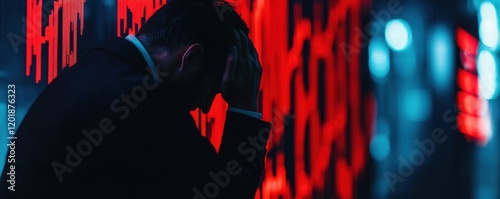 Financial Crisis: Man in Despair Amidst Red Stock Market Data