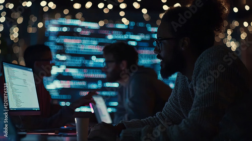 Wallpaper Mural Focused programmers collaborate in a dimly lit workspace with vibrant screens and holiday lights during late-night coding sessions Torontodigital.ca
