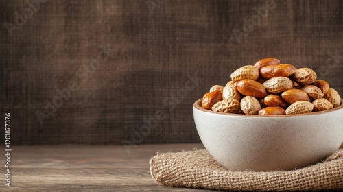 A neat pile of raw, in-shell almonds presented in a sleek ceramic bowl on a rustic wooden table, capturing the essence of simplicity and natural snacking. photo