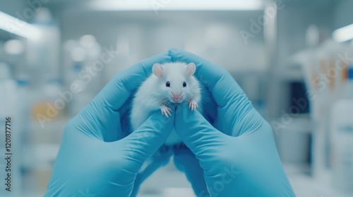 A white laboratory mouse held carefully by hands in blue gloves,