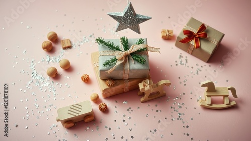 A festive scene with a stack of wrapped presents, a wooden toy train, and a rocking horse, decorated with silver glitter stars, adding sparkle to the Christmas celebration. photo