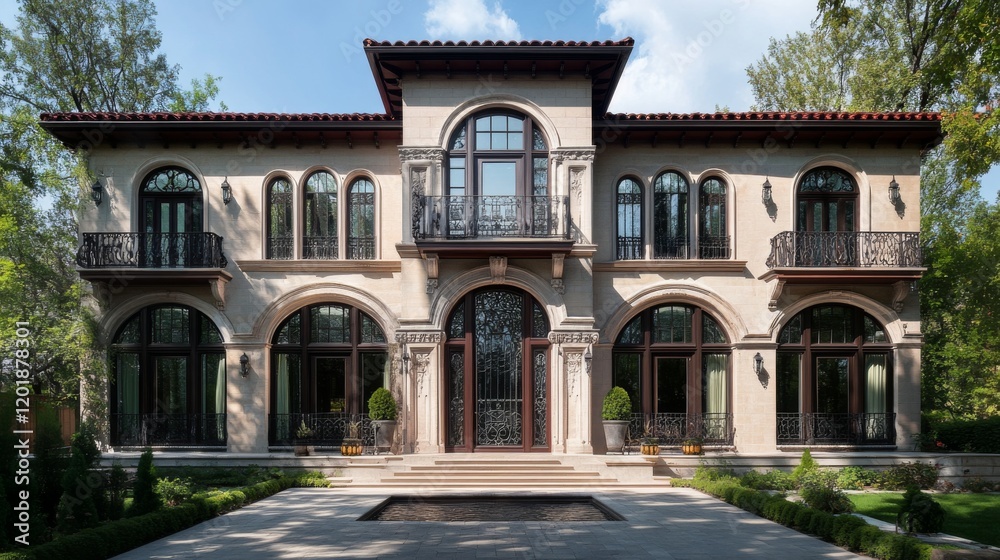 Obraz premium A stunning facade of a European villa featuring elegant architecture, large arched windows, and wrought-iron balconies, set against a backdrop of a serene landscape.