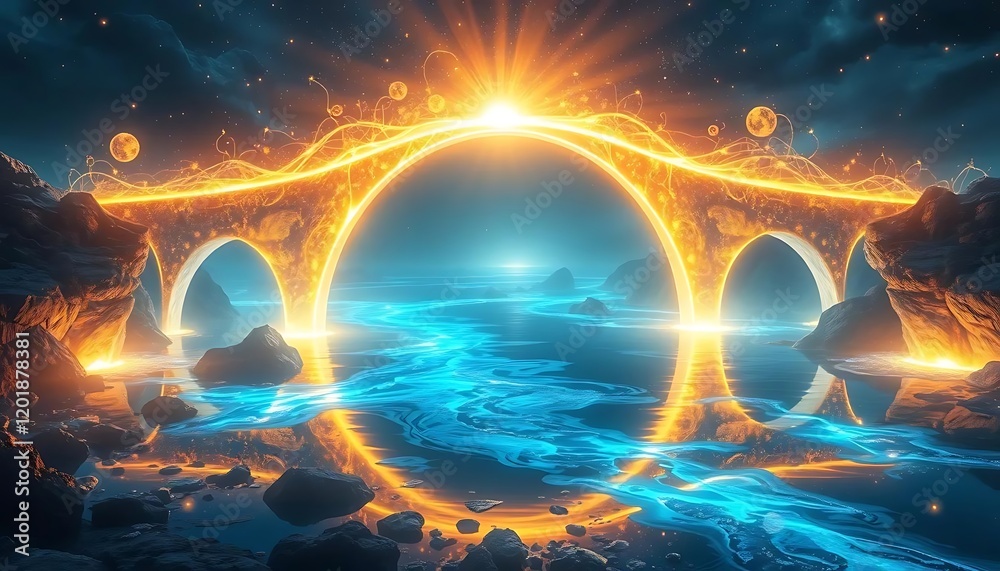 Obraz premium Magical Glowing Bridge Fantasy Landscape Artwork