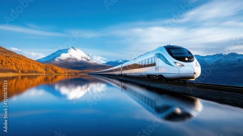 Wallpaper Mural A sleek high-speed train travels alongside a tranquil lake with mirrored reflections of a majestic mountain and clear blue skies, capturing the essence of travel and speed. Torontodigital.ca
