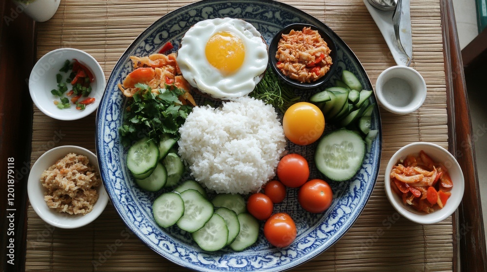 A top-down shot of with a variety of side dishes including sliced cucumbers, tomatoes, and pickled radish, showcasing a complete and flavorful Thai breakfast spread. A top-down shot of with a variety of side dishes including sliced cucumbers, tomatoes, and pickled radish, showcasing a complete and flavorful Thai breakfast spread.