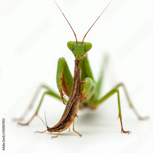 This vivid and highly detailed image of a praying mantis feeding on a grasshopper brings the rawness of nature to life