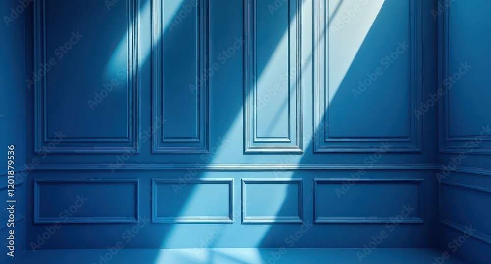 Fototapeta premium Elegant Blue Wall Interior with Geometric Patterns and Soft Shadows, Perfect for Background, Presentation, or Creative Design Projects