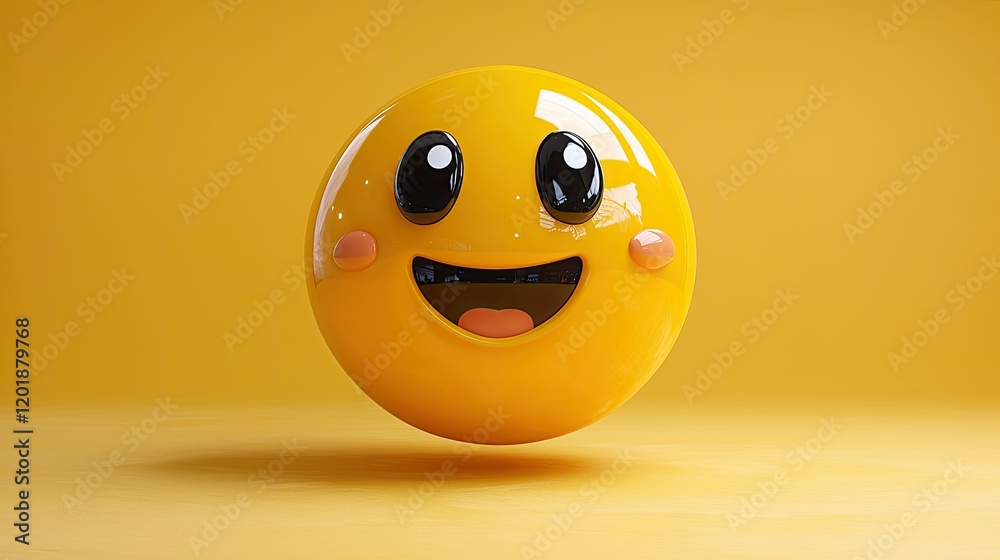 A happy yellow emoticon floats on a yellow background A happy yellow emoticon floats on a yellow background
