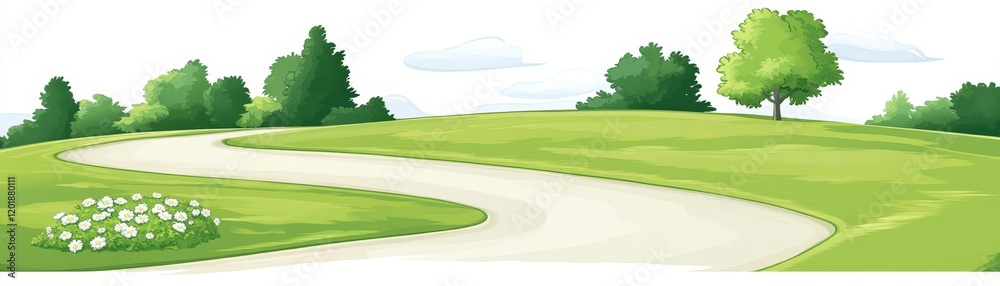Fototapeta premium Whimsical cartoon country road journey through rolling green hills and lush trees under clear blue sky