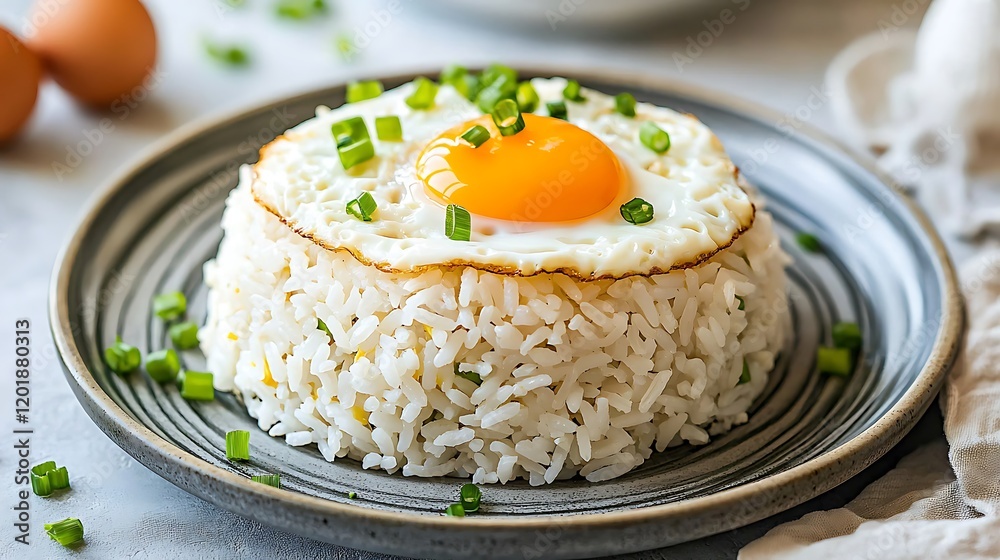 Sunny-side up egg on rice, garnished with chives, simple breakfast meal Sunny-side up egg on rice, garnished with chives, simple breakfast meal