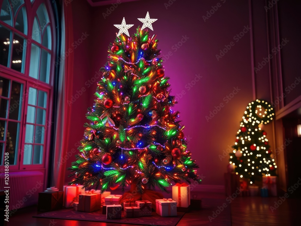 Fototapeta premium A vibrant Christmas tree with multicolored lights and a festive holiday atmosphere in a well-lit room, holiday cheer, well-lit room