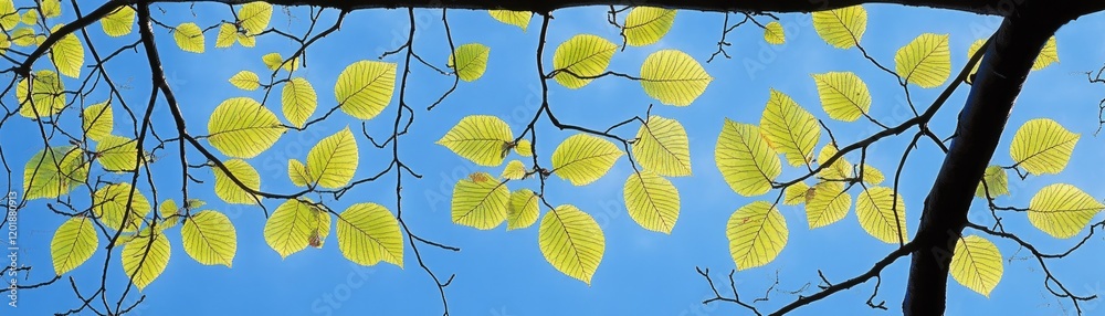 Obraz premium Yellow leaves against blue sky, autumn, nature, background