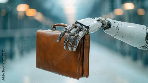 A robotic hand clutching a leather briefcase, depicting the integration of technology and business, symbolizing futuristic professional environments.