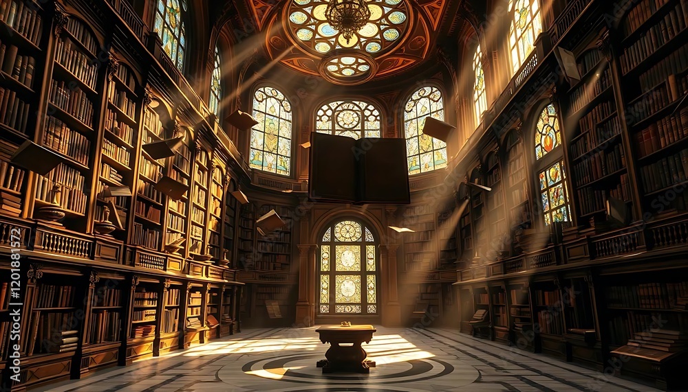 Magical Library with Sunbeams and Floating Books Magical Library with Sunbeams and Floating Books