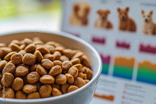 A well-organized nutritional chart is displayed alongside a bowl of high-quality dog food.