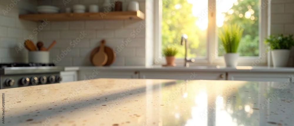 Fototapeta premium Sunlight Drenched Stone Countertop, Modern Kitchen View