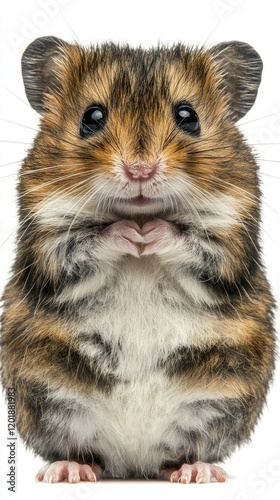 Cute Hamster Standing Upright on White Background with Fluffy Fur and Curious Expression photo