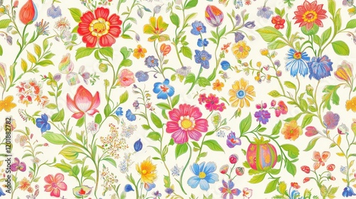 Seamless floral pattern with colorful flowers for textile wallpaper and decorative designs