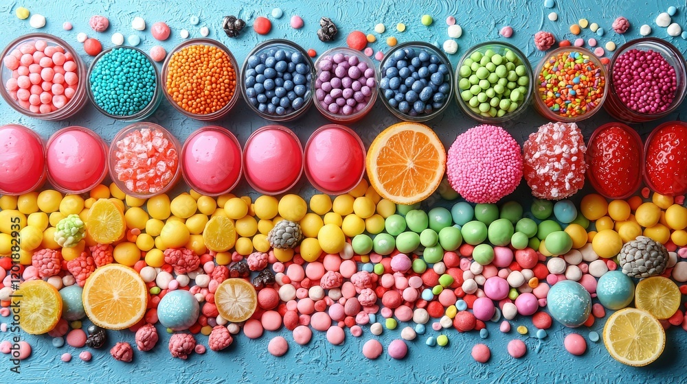 Fototapeta premium Colorful Candy Assortment Arranged Beautifully on Blue Background