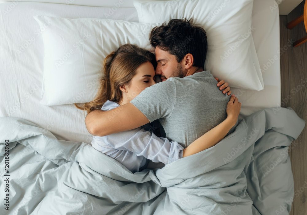 Comfortable embrace between a couple in bed during a peaceful morning at home Comfortable embrace between a couple in bed during a peaceful morning at home