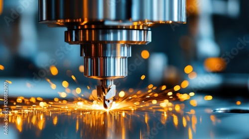 A high-tech machine in use at a manufacturing plant, its efficient function evident by the sparks generated, representing modern industrial progress and strength. photo