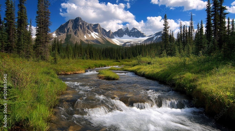 Mountainous landscape with a river flowing through a forest in a beautiful scenery Mountainous landscape with a river flowing through a forest in a beautiful scenery