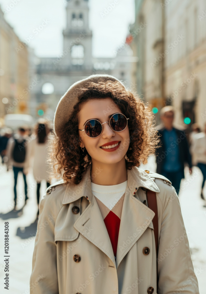 Obraz premium Young woman with curly hair wears sunglasses and a beret in a busy urban street during daylight