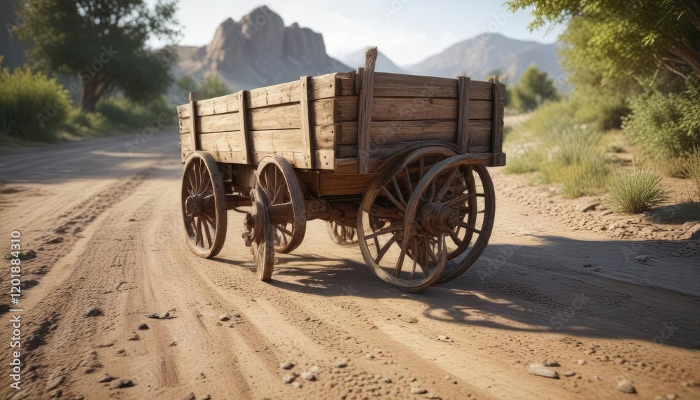 Obraz premium A wooden wagon with a wooden wheel on a dirt road , dirt road, rural path, countryside