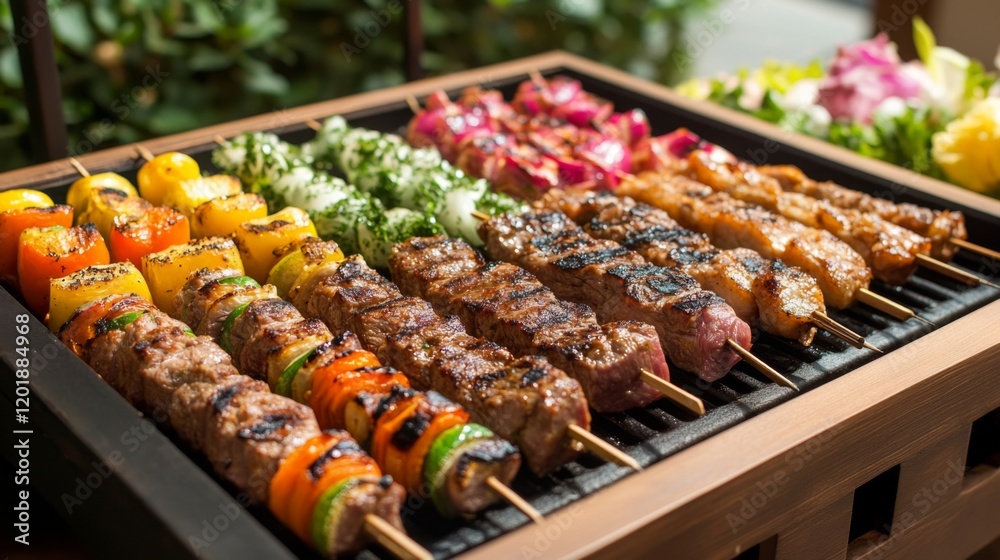 A vibrant outdoor picnic setting with a barbecue grill, showcasing skewers of marinated meats and colorful vegetables ready to be cooked. A vibrant outdoor picnic setting with a barbecue grill, showcasing skewers of marinated meats and colorful vegetables ready to be cooked.
