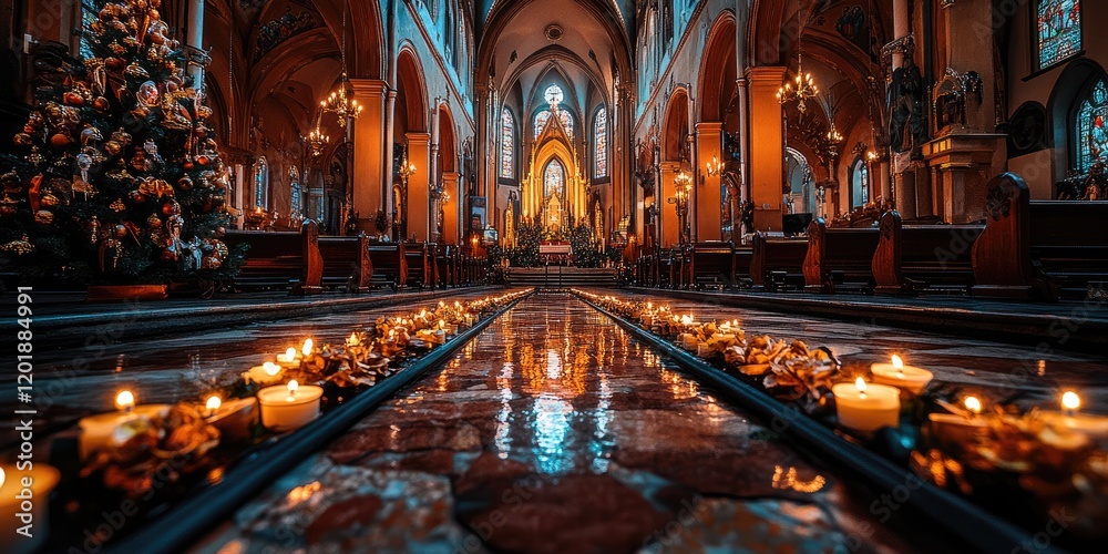 Fototapeta premium Church candles Christmas eve interior. Festive, religious, peaceful