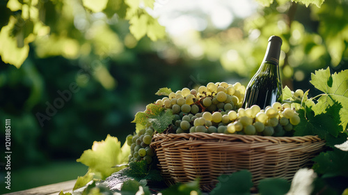 Wine bottle in basket with fresh grapes in vineyard setting
